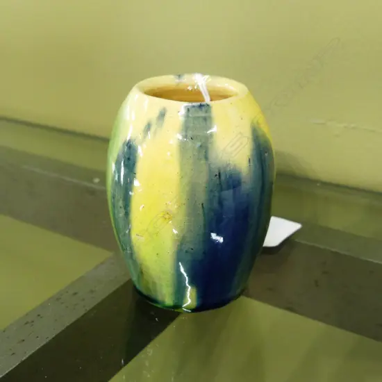 JOVAN RANCICH RICH BLUE, YELLOW & BROWN MAJOLICA STYLE GLAZE SM VASE. H. 82MM