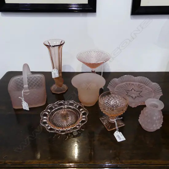 8 PCS PINK DEPRESSION GLASS; 2 COMPORTS, 3 VASES, SQ MATTE BASKET & 2 PLATES