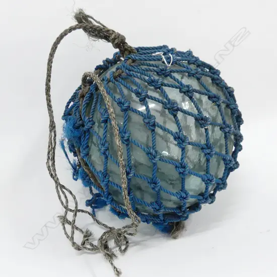 OLD GLASS FISHING FLOAT WITH NETTING APPROX DIA 400MM