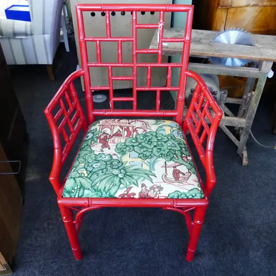 CHINESE CHIPPENDALE RED BAMBOO ARMCHAIR