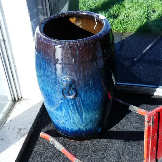 1930’s JAPANESE DRUM FORM TALL GLAZED POT/ UMBRELLA STAND CHARACTERISTIC SHIGARAKI GLAZE MINOR CHIPS TO BASE H613