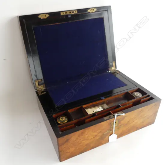 CLASSIC BURR WALNUT WRITING SLOPE. COMPLETE WITH INKWELLS, DEDICATED TO REV SIMMONDS FROM TIMARU WESLEY 1881