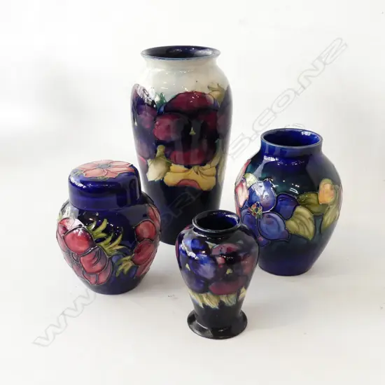 4 PCES MOORCROFT; LG PANSY VASE H.190mm DAMAGED, LIDDED GINGER JAR, 2 VASES AF...