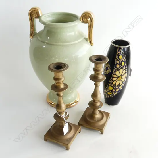 PR BRASS CANDLESTICKS H.245mm + 2 VASES; GREEN URN H.350mm, CLOISONNE