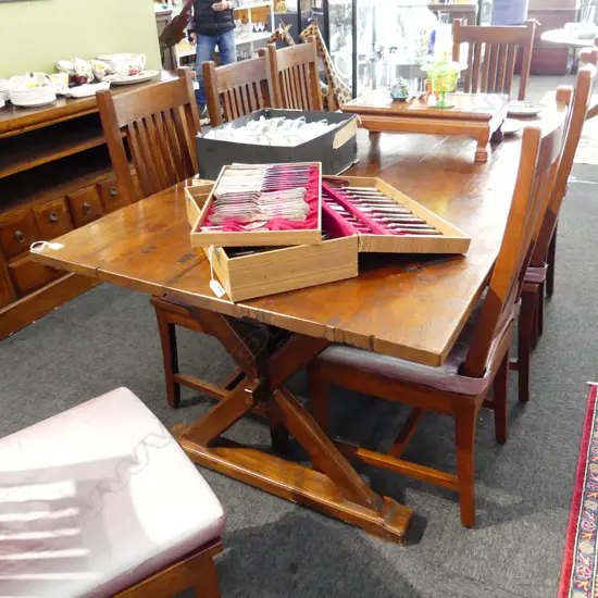 RUSTIC PLANK TOP TABLE X BASE 1980x1005x750mm ONE LEG REPAIRED