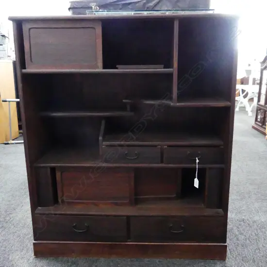 OLD JAPANESE DISPLAY CABINET. ROSEWOOD FRONT. Open shelves. drs & drws. 770x325x900mm