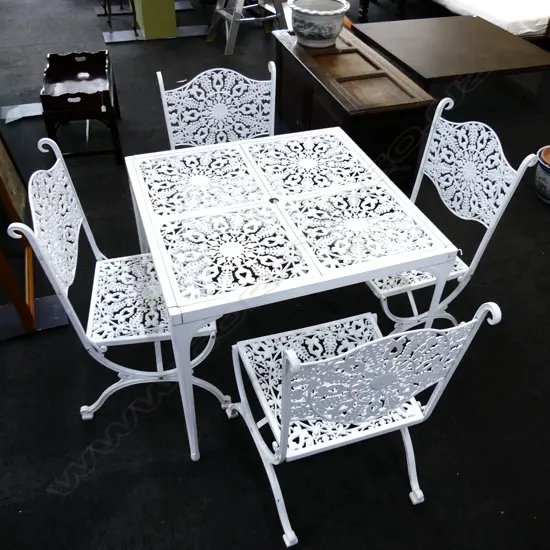 5 PCE WHITE METAL ENDERSLEA NZ OUTDOOR SUITE; SQUARE TABLE & 4 CHAIRS 890x890x735mm