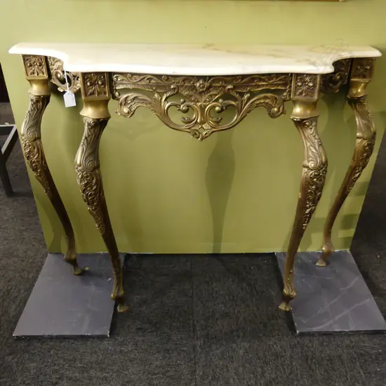 BRASS CONSOLE TABLE; WHITE MARBLE TOP