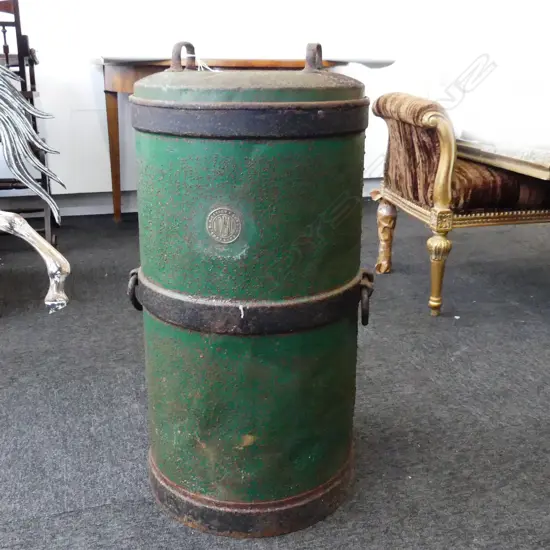 LGE OLD IRON LIDDED CONTAINER w brass label 'George Mould Le Bons Bay'. Akaroa.  H.690mm...