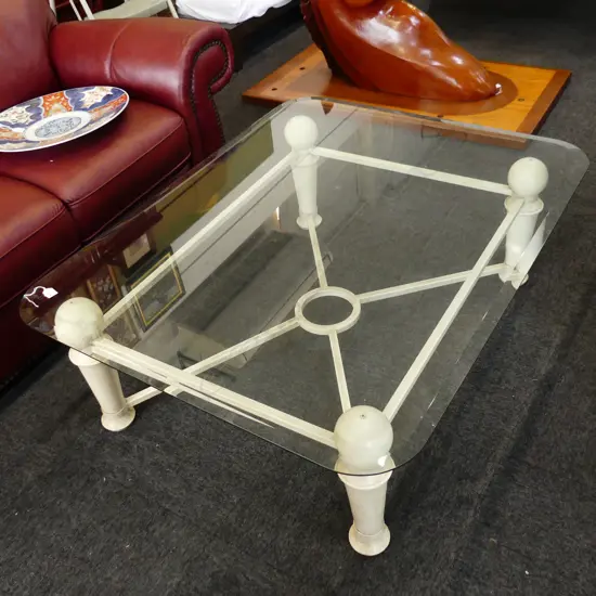 WHITE CRACKLE PAINTED COFFEE TABLE 1020x1270mm; GLASS TOP