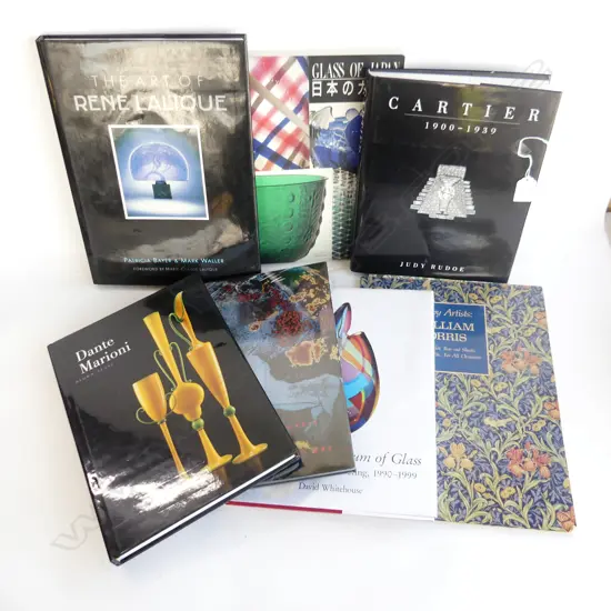 7 rREFERENCE BOOKS: Cartier/Rene Lalique/ William Morris/ Glass Artifact..Dante Marioni. etc (includes DVDs on Chihuly)