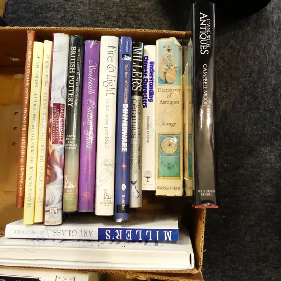 LG BOX LOT BOOKS INCL. ART GLASS, ANTIQUES REFERENCE BOOKS ETC..