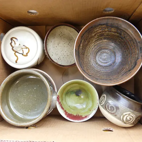 BOX ASST POTTERY BOWLS, DISHES, CANISTER ETC..