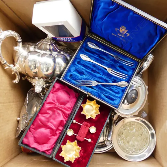 BOX ASST INCL LG LOT SILVER PLATE; TEAPOTS, BOXED CUTLERY ETC..