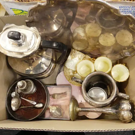 BOX LOT ASST. SILVER PLATE; TRAYS, ETC