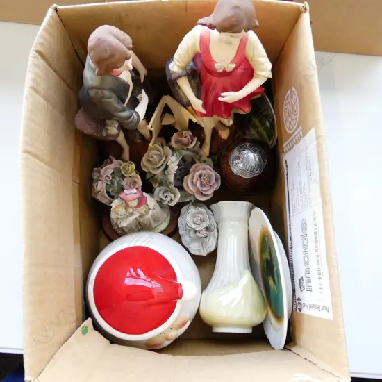 BOX COLLECTABLES; FIGURES, PORCELAIN FLOWERS, PLATES ETC..