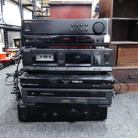 KENWOOD AMP/PIONEER SX-255R RECEIVER/SONY CASSETTE/DVD AND VHS PLAYERS