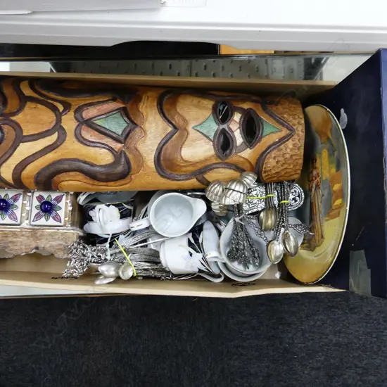 BOX LOT ASST. CHINA; ROYAL WORCESTER COFFEE SET,  ITALIAN EP CUTLERY, WOODEN MASK H.600mm ETC