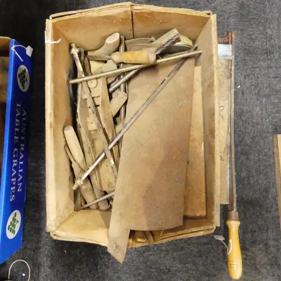 BOX LOT VINTAGE TOOLS PARTS ETC & SMALL GUILLOTINE EX. PHIL BROADBENT WORKSHOP