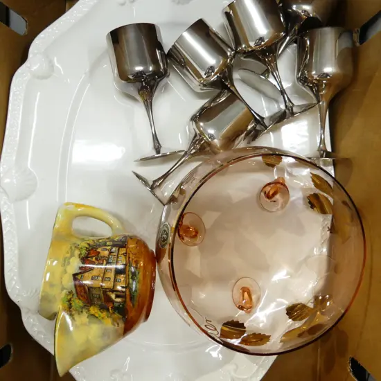 BOX ASST, LG SERVING PLATE, 6 SILVER PLATE GOBLETS, CZECH GLASS BOWL ETC.. 