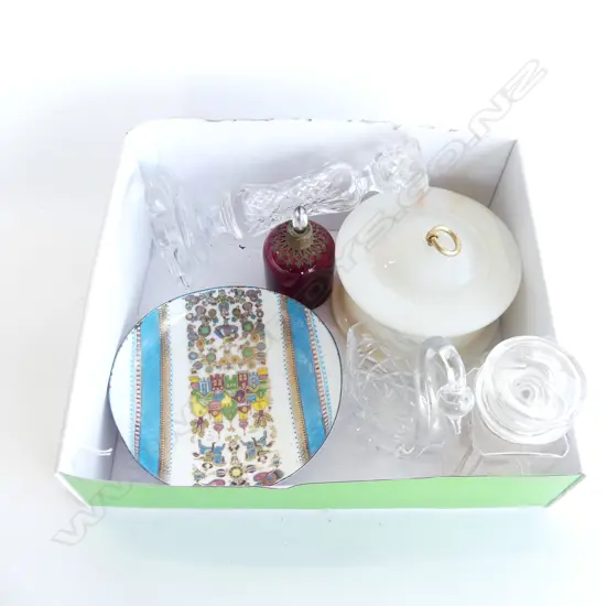 BOX LOT - DECORATIVE ENAMEL DISH, ALABASTER TRINKET BOX, CRYSTAL CANDLESTICK, SWAN ETC  