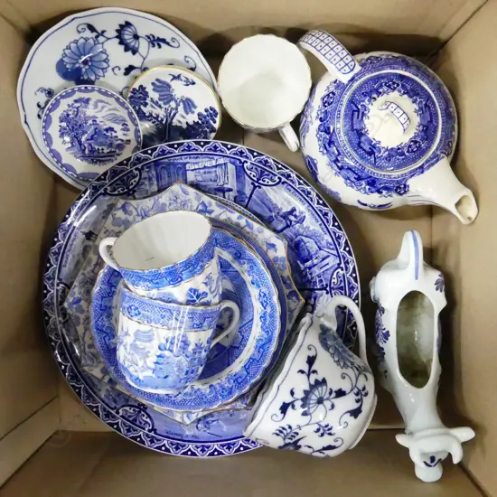 BOX ASST BLUE & WHITE CHINA INCL WILLOW PATTERN TEAPOT, PLATES, BLUE DANUBE C&S, COW MILKER,  ETC...