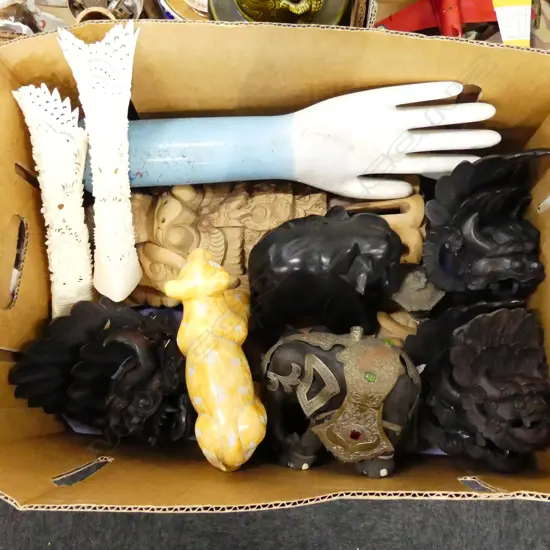 BOX LOT ASST. ORIENTAL CARVING; WOODEN ELEPHANTS, INDONESIAN MASKS, BONE ETC