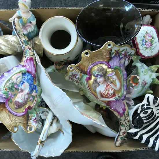 BOX LOT CRYSTAL, VASES, B/W FOOTED BOWLS, CHINA ETC