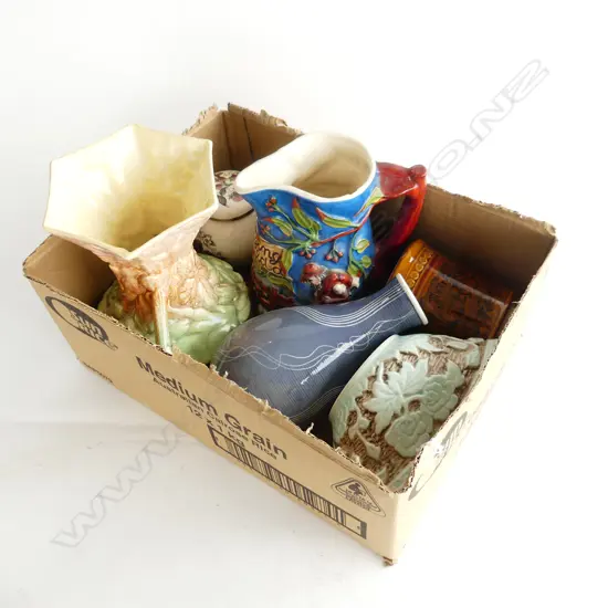 BOX – CHINA INCLUDING SYLVAC, GERMAN VASE, WALTZING MATILDA JUG, GINGER JAR, MOTORING TANKARD ETC