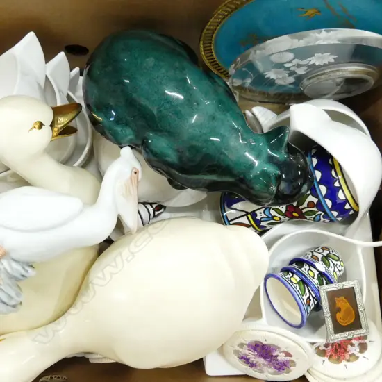 BOX LOT ASST. CERAMICS; PR GEESE, CAT, WHITE DINNERWARE ETC