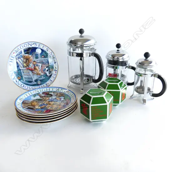 FRANKLIN MINT TEDDY PLATES/2 1969 PRINCE OF WALES MONEY BOXES/3 BODUMS