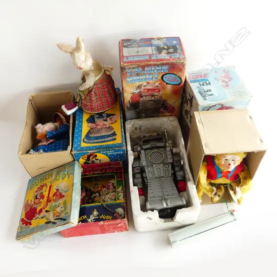 BOX ASST. VINTAGE TOYS; MOST BOXED; PUNCH & JUDY, HUNGRY BABY BEAR, PEPI MONKEY, ROBOT, HOUSEKEEPER BEAR
