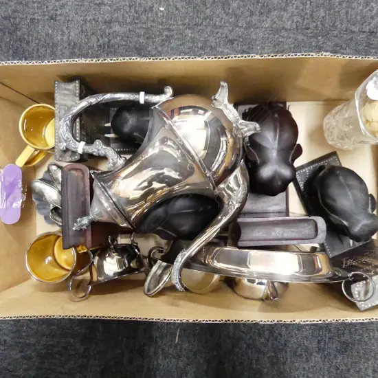 BOX LOT WOODEN ELEPHANT BOOKENDS, SILVER PLATE ETC