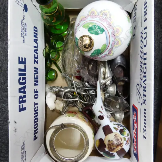 BOX LOT ASST; CRYSTAL, ORIENTAL LIDDED JAR, BISCUIT BARREL ETC