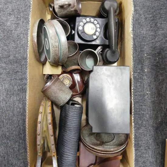 BOX LOT BLACK SLATE CLOCK, DIAL PHONE, OLD CAMERAS ETC