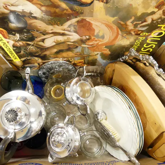 BOX LOT GLASSES, EP, 6 POUSSIN POSTERS ETC