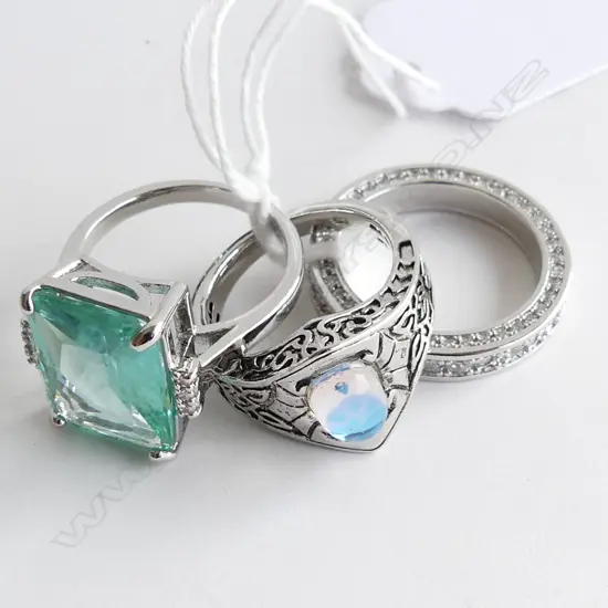 925 SILVER RINGS; 1 FAUX MOONSTONE & 1 GREEN GLASS  + SILVER PLATE & DIAMANTE ETERNITY RING