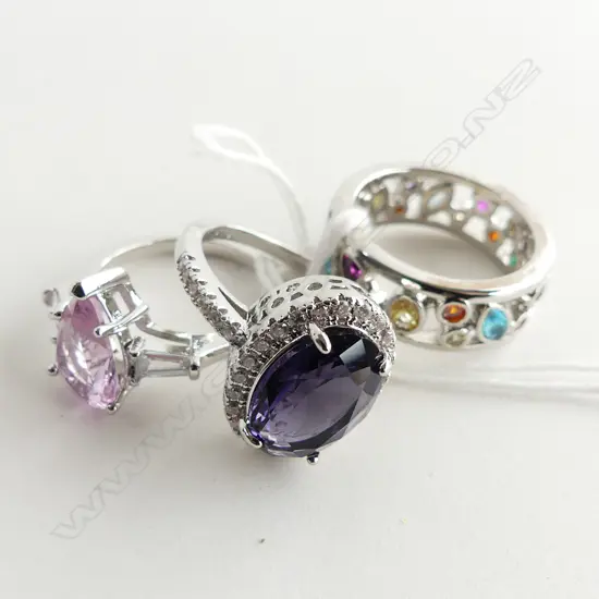 3 SILVER PLATED DRESS RINGS; 2 FAUX PINK CZ & DIAMANTE & MULTI GEM SET RING