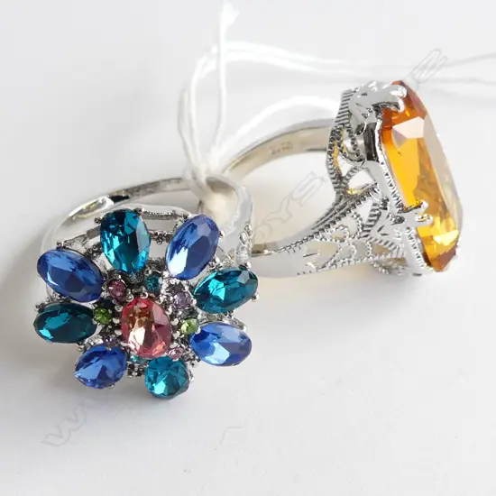 2 LG DRESS RING,  YELLOW STONE & ONE FAUX COLOURED STONE SILVER PLATE
