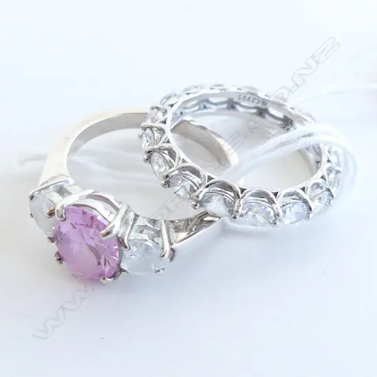 2 925 SILVER RINGS; CLEAR (CZ) & PINK STONES