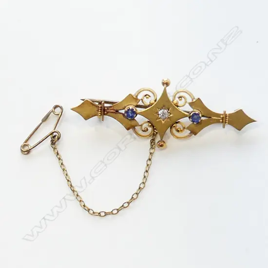 15CT DIAMOND & SAPPHIRE BROOCH 3.3 GRAMS