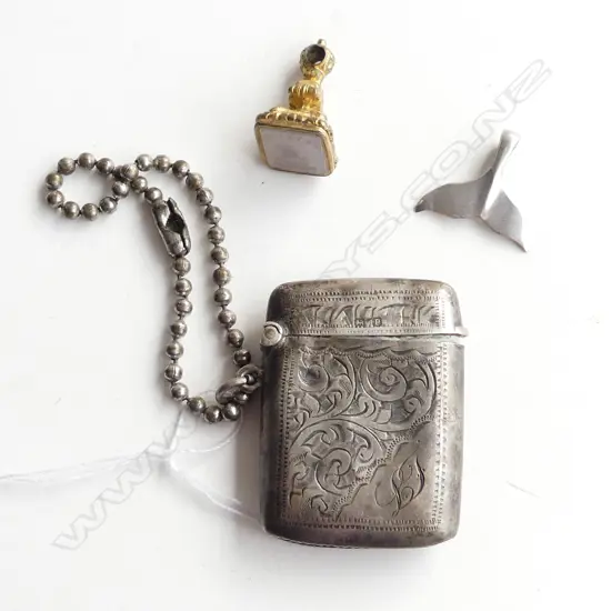 SILVER VESTA + SILVER WHALES TAIL PENDANT + GILT ANTIQUE FOB SEAL