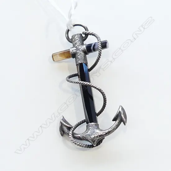 FOULED ANCHOR AGATE BROOCH SILVER MOUNTS H.57mm