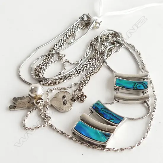 3 STG SILVER PENDANTS & CHAINS; KEY, BALL & PAUA & SILVER PENDANTS