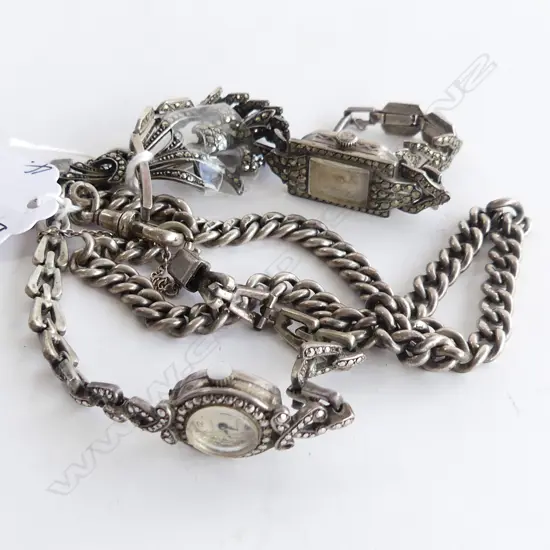 silver curb link chain + 3 marcasite pces: 2 watches + brooch