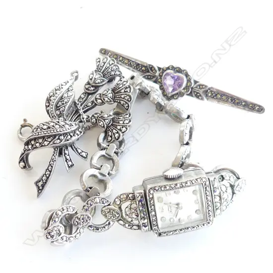 VINTAGE MARCASITE; 2 BROOCHES & 1 WATCH