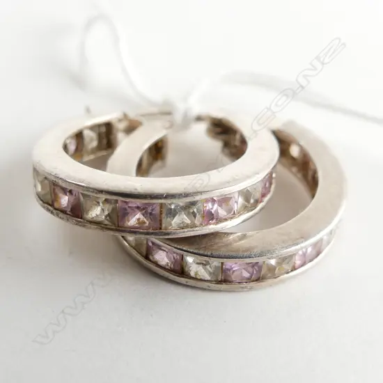 PR SILVER HOOP EARRINGS WITH PINK & CLEAR STONES 