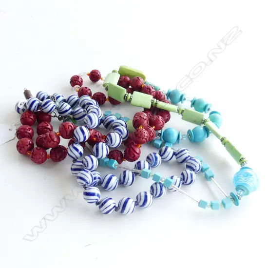 3 NECKLACES: CINNIBAR + BLUE & WHITE GLASS + BLUE & GREEN STONE & GLASS