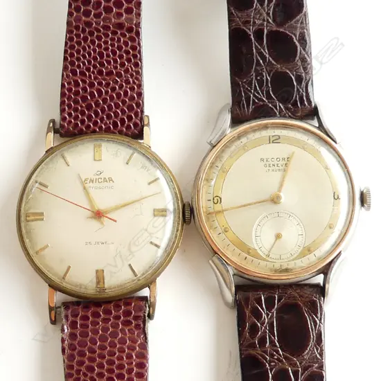 TWO MANUAL WIND GOLD PLATED WATCHES APPROX 37mm . FINE BI METAL RECORDAND ENICAR ULTRASONIC