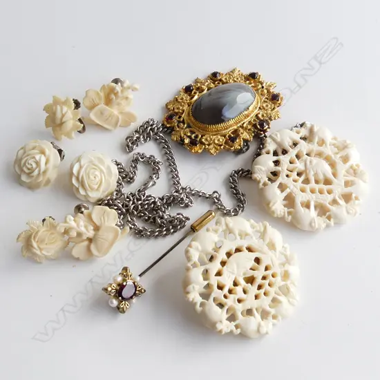 FAUX IVORY JEWELLERY; NECKLACE, BROOCH, 3 PR EARRINGS + GEMSTONE BROOCH & STICK PIN